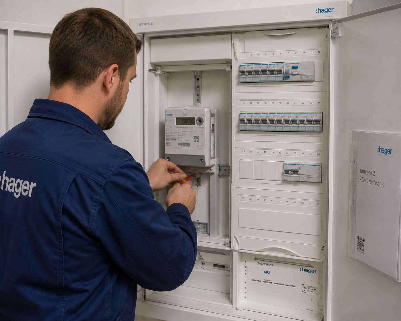 Elektriker arbeitet am Hager univers Z Zählerschrank